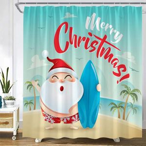 Rideaux de douche dessin animé noël drôle père noël planche de surf plage palmiers tropicaux année noël tissu salle de bain décor ensemble