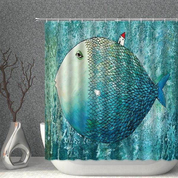 Cortinas de ducha Conjunto de cortinas de peces de dibujos animados Boho Seahorse Shell Ocean Tela impermeable Baño Azul Pantalla de baño Bañera Decor203A