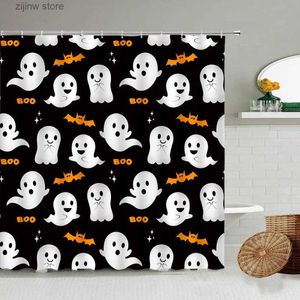 Douchegordijnen Cartoon Grappige Witte Spook Douchegordijn Vleermuis Creatieve Halloween Badgordijnen Zwarte Stof Print Kinderen Badkamer Decor Sets Y240316