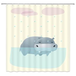 Tende da doccia Cartoon Hippo Curtain Modello di animali selvatici Decorazioni per il bagno per bambini Bagno in tessuto di poliestere impermeabile con ganci