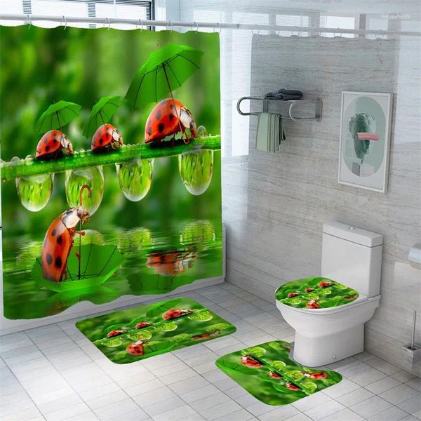 Rideaux de douche Rideau de coccinelle de bande dessinée pour la couverture de bain Imprimer Tapis de bain Ensemble imperméable à l'eau de haute qualité Tapis de toilette écologique