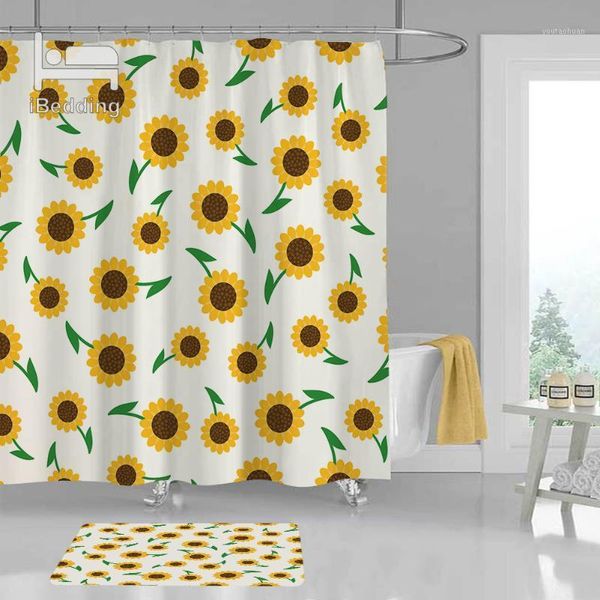 Rideaux de douche dessin animé petit tournesol tapis de salle de bain ensemble imperméable bain POD Polyester décor avec crochets 2 pièces/ensemble1