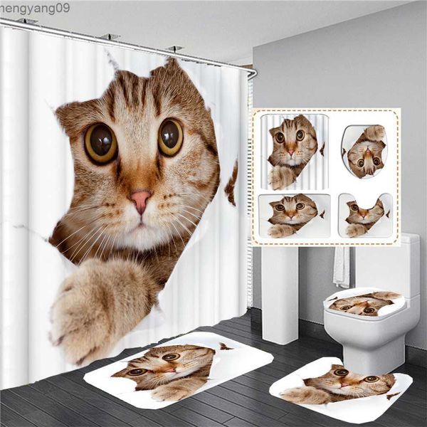 Rideaux de douche Dessin animé beau chat imprimé 3D rideau de douche imperméable salle de bain rideau anti-dérapant tapis de bain ensemble tapis tapis décor à la maison R230822