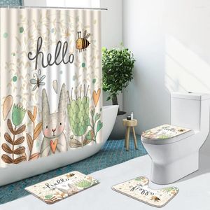 Douchegordijnen cartoon konijnen bloemgroen blad beren gordijn niet-slip flanellen tapijten toiletbedekking bad mat badkamer set indoor home decor