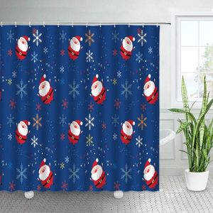 Rideaux de douche dessin animé père noël couleur de noël flocon de neige bleu décor de fond année noël salle de bain avec crochets rideau de bain