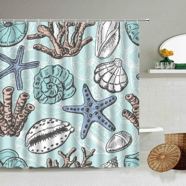 Rideaux de douche Cartoon Starfish Shell Coral Rideau Bleu Enfants Salle de bain imperméable Polyester Décoration de la maison avec ensemble de crochets