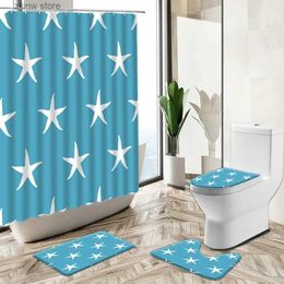 Cortinas de ducha Estrella de mar de dibujos animados Cortinas de ducha Juego de baño para niños Azul Blanco Diseño negro Alfombra antideslizante Cubierta de inodoro Alfombra de piso Lavable Y240316