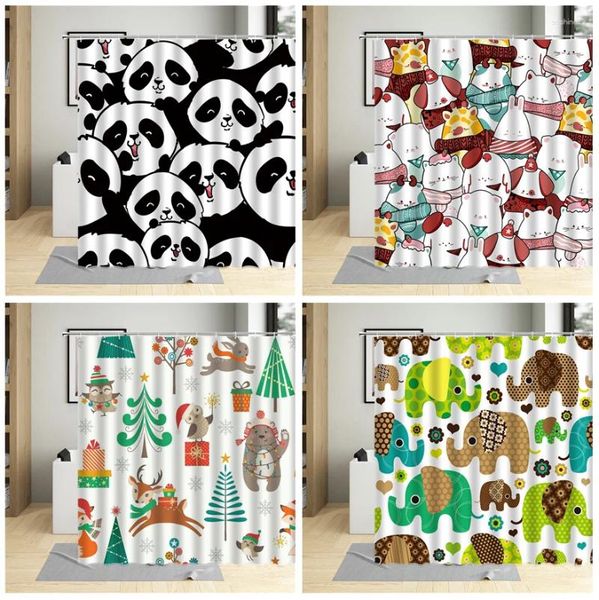 Cortinas de ducha dibujantes animales panda pintura elefante de elefante decoración de la pared del baño cortina para niños con ganchos conjuntos de telas impermeables