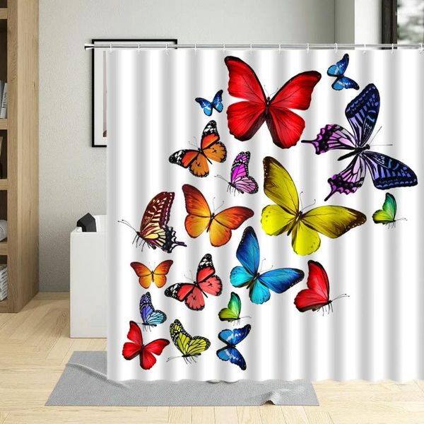 Cortinas de ducha Dibujos animados Colorido Mariposa Cortina de baño Insecto Mariposas Impresión Poliéster Impermeable Niño con ganchos