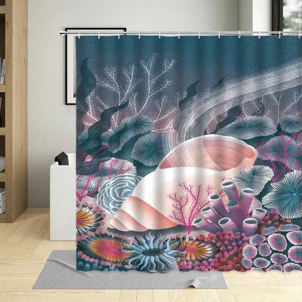 Rideaux de douche Dessins animés Rideau Moderne Style de bord de mer Étoile de mer Modèle de coquille de mer Tissu imperméable pour ensemble de décoration intérieure