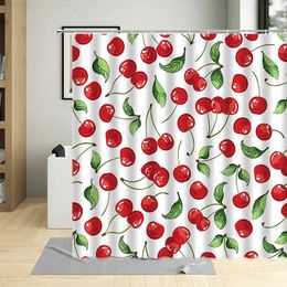 Rideaux de Douche Dessins Animés Fruits Cerise Rideau de Douche Cerises Feuille Verte Impression Rideaux imperméable Polyester Salle de Bain décor décoration Murale