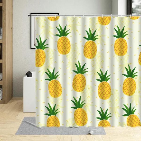 Rideaux de douche dessins animés ananas dessinés à la main motif de fruits bain tissu imperméable ensemble de rideaux mignon décor de baignoire avec crochets