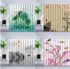 Cortinas de ducha Cortina china Ganchos Tinta Flor Planta Paisaje Lotus Mariposa Bambú Montaña Baño Decorar Poliéster Conjunto