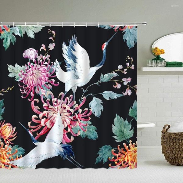 Rideaux de douche oiseau de fleur chinois 3d rideau de salle de bain imprimerie étanche décoration en polyester tissu avec baignoires à crochets