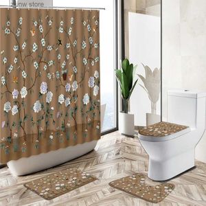 Rideaux de douche Fleur chinoise oiseau paysage rideau de douche ensemble 3D arbres plante salle de bain rurale tapis de piédestal antidérapant couverture de toilette décoration de la maison Y240316