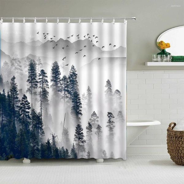 Rideaux de douche à l'encre chinoise, Style paysage, motif scénique, tissu imperméable, bain lavable, salle de bain