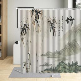 Rideaux de douche peinture à l'encre chinoise paysage de bambou paysage décor à la maison rideau de salle de bain vert imperméable avec ensemble de crochets