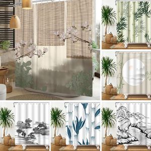 Rideaux de douche peinture à l'encre chinoise rideau de bambou soleil arbres de montagne nature écran de salle de bain imperméable tissu polyester