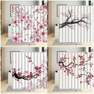Rideaux de douche peinture à encre chinoise prune rouge fleur rideau planes fleurs décor décor tissu tissu salle de bain coiffeur