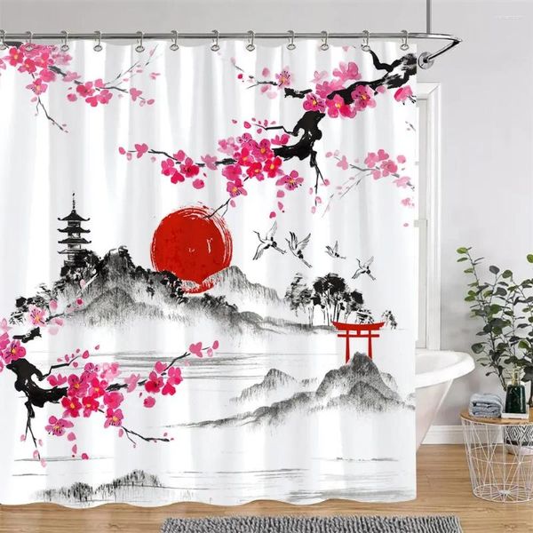 Rideaux de douche chinois japonais fleur de cerisier peinture à l'encre rideau paysage vagues art créatif polyester bain salle de bain décor