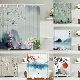 Rideaux de douche Paysage chinois salle de bain rideau 3D style japonais fleur oiseaux impression rideaux de douche imperméable Polyester décoration de la maison 230322