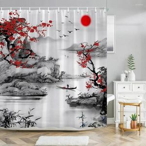 Rideaux de douche Paysage chinois Peinture Rideau Encre Polyester Tissu Lavable Bain Salle de bain Décor