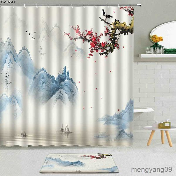 Rideaux de douche Paysage chinois paysage rideau de douche tapis de bain tapis montagnes asie encre traditionnelle paysage Art salle de bain décor tapis R230830
