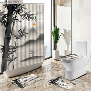 Rideaux de douche Paysage chinois rideau de douche peinture à l'encre Art salle de bain ensemble arbres bambou fleur conception tapis antidérapant couverture de toilette tapis de sol Y240316