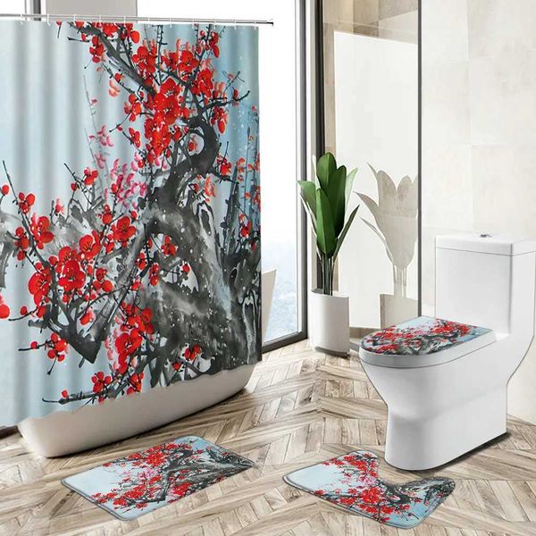 Rideaux de douche chinois lotus verts bambous paysage rideau de douche zen peinture art piédestal non glissé couvercle de toilette de toilette