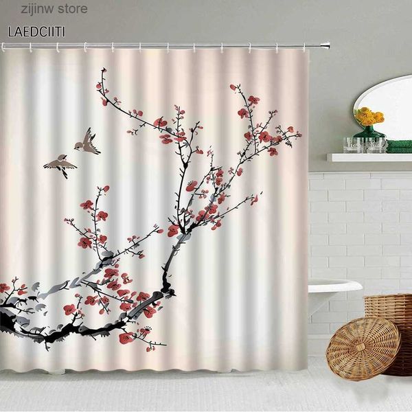 Rideaux de douche Ensemble de rideau de douche chinois rouge et blanc hiver prune oiseau beau papillon feuilles d'érable peinture à l'huile paysage salle de bain décor Y240316