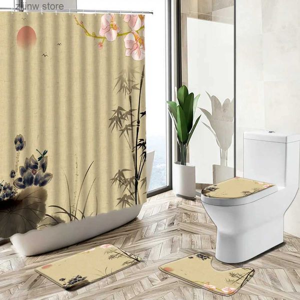 Rideaux de douche Ensembles de rideaux de douche chinois fleur de Lotus plante bambou oiseau encre Art maison salle de bain décor tapis antidérapant couverture de toilette tapis de sol Y240316