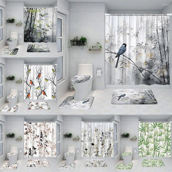 Cortinas de ducha china simple cortina de bambú pájaro pintura en blanco y negro