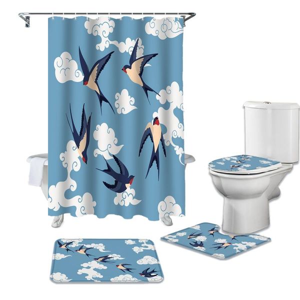 Rideaux de douche Style chinois nuages de bon augure hirondelle rideau toilette couvercle couverture tapis de bain ensemble salle de bain tapis baignoire décor à la maison