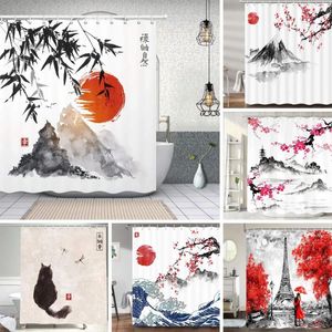 Rideaux de douche rideau de bain de style chinois peinture à l'encre peinture décorative salle de bain imperméable tissu avec crochet
