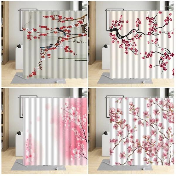 Rideaux de douche Rideau de style chinois Fleur d'encre rouge Prune Rose Fleur de cerisier Floral Motif d'oiseau Décor de salle de bains Ensembles de polyester
