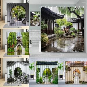 Douchegordijnen Chinese stijl gordijn vintage houten plank tuin gebouw groene plant bamboe patroon badkamer decor set