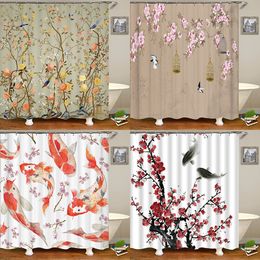 Cortinas de ducha Estilo chino Flor Pájaro Baño impermeable Tela impresa 3D con ganchos Decoración 221118