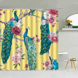 Rideaux de douche Style chinois Fleur Oiseau Paons Pivoine Paysage Rideau de salle de bain imperméable 3D Tissu imprimé avec crochets Décor