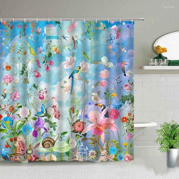 Rideaux de douche Style chinois fleur oiseau papillon perroquet paysage rideau plante florale salle de bain écran tissu imperméable bain
