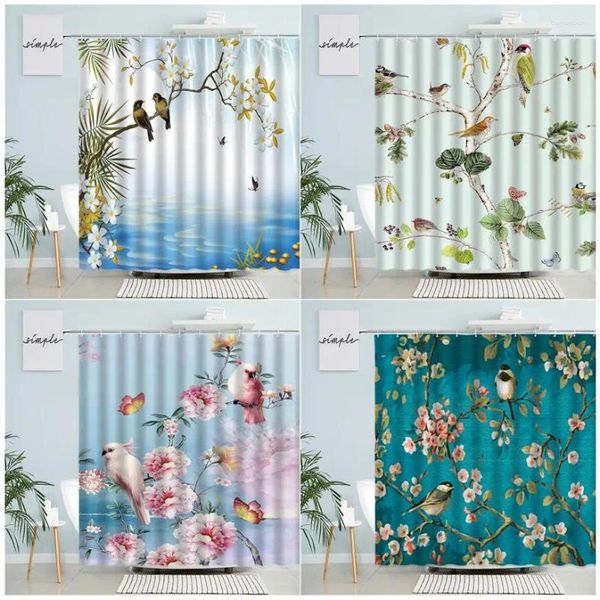 Cortinas de ducha Estilo chino Flores Pájaros Ramas Hojas verdes Rosa Floral Mariposa Retro Acuarela Tela Decoración de baño