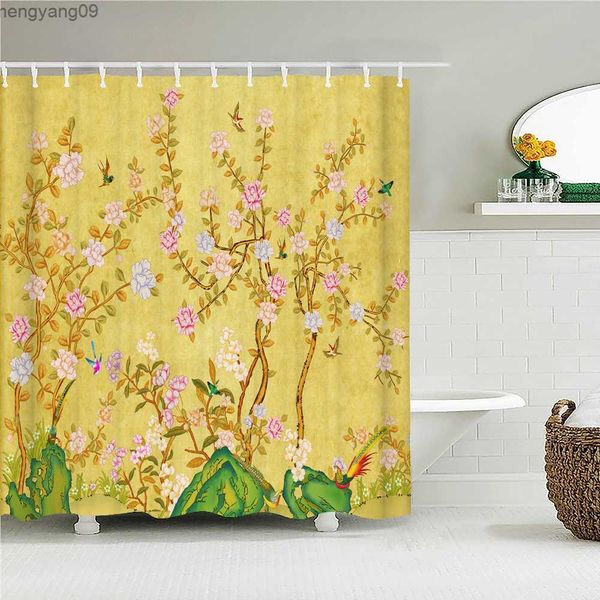 Rideaux de douche Style chinois fleurs oiseaux rideaux de douche imprimés rideaux de bain salle de bain tissu imperméable avec écran de décoration intérieure R230822