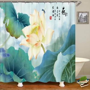 Cortinas de ducha Flores de estilo chino Lotus Tela impermeable Pantalla de baño con 12 ganchos Cortina de baño 3D para decoración del hogar