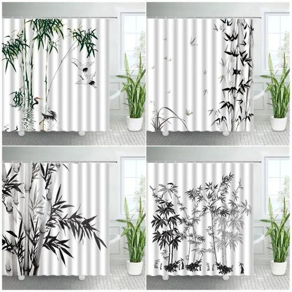 Cortinas de ducha Conjunto de bambú de tinta de estilo chino Plantas blancas y negras Pájaros Paisaje Zen Decoración artística para el hogar con ganchos Cortina de baño