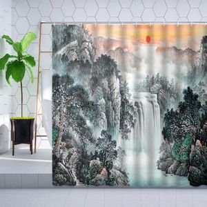 Douchegordijnen Chinese Stijl Inkt Landschap Gordijn Waterval Pijnboom Zon Plant Landschap Badkamer Decoratie Polyester Doek Set