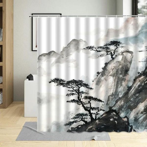Rideaux de douche Style chinois peinture à l'encre rideau paysage paysage salle de bain décor bain classique imperméable avec crochets