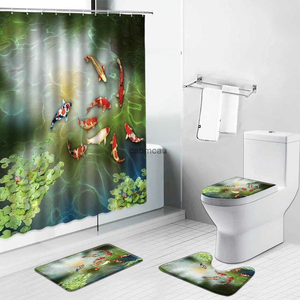 Cortinas de ducha Juego de cortinas de ducha con estampado de peces Koi de estilo chino, pantallas de decoración de baño modernas, alfombra de baño antideslizante de franela, alfombra, cubierta de inodoro