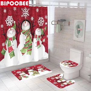 Douchegordijnen Kerstmis 3D Mooie sneeuwpop badkamer gordijn set toiletzitting deksel anti-slip tapijt badmat sets gelukkige jaar