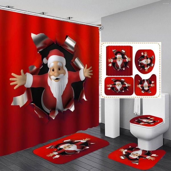 Cortinas de ducha Juego de alfombrillas de baño de Navidad Santa Claus Alfombra antideslizante Cubierta de inodoro Decoraciones de cortinas impermeables para el hogar