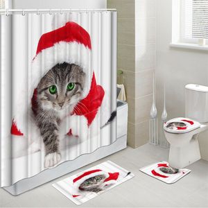 Douchegordijnen Kerst Katten Waterdicht Badgordijn Set met Haken Wc-afdekking Badmat Badkamer Antislipkleed Tapijt Decor 221104