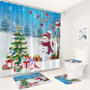 Rideaux de douche Mattes de bain rideaux de Noël ensemble de Noël cadeau oiseau rouge Snowman Winter Forest Scenery Decor Deccor Tapis de toilette Couvercle